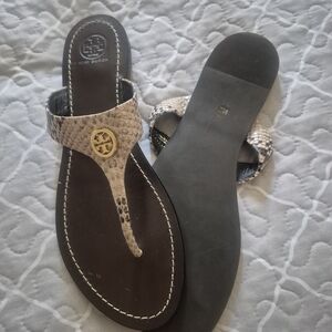 Tory Burch Snake-Print Thong Sandals with Gold Logo